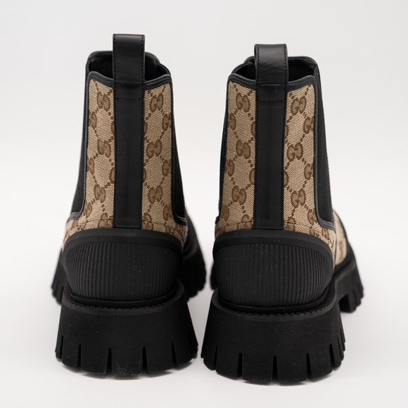 size 9G 9.5 US Gucci Boots Chelsea Beige Brown Black Canvas Ankle GG Monogram - Picture 5 of 11